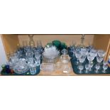 A group of assorted glassware, green glass lemonade set, decanter, etched glass drinking glasses, et