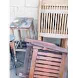 A group of garden furniture, artist stool, terracotta pots, plant stand, garden chairs, etc. (a qua