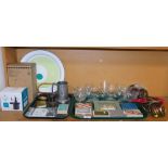 Various china and effects, drinking glasses, playing cards, high gear pump, lamp, tray, curtain hook