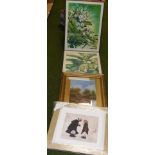 Two bright tropical bird scene prints, a framed print of two figures entitled Rain Mates after Avril