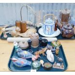 A group of household effects, trinket items, carved wooden figures, brown stoneware teapot, oriental