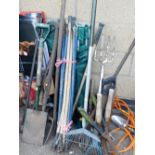 A group of various garden tools, camping chairs, dog guard crate, etc. (a quantity)