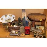 Various trinkets and effects, a carved hardwood stool, various brass wares and horse brasses, a Brac