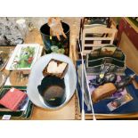 Various household effects, to include hunting scene placemats, papier mache waste bin, model of box,