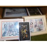A group of pictures and prints, limited edition prints after Thacker, coastal scenes, floral embroid