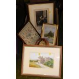 Various pictures and prints, to include a modern print after Gainsborough of Queen Charlotte, tapest