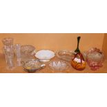 A group of assorted glassware, to include some Art Glass, glass bells, vases, etc. (1 shelf)