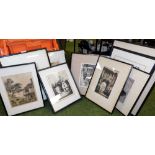 A group of framed black and white prints of buildings and figures. (a quantity)