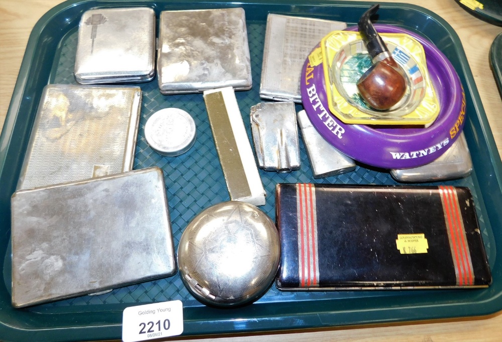A group of silver plated cigarette cases and trinket boxes, together with a Meerschaum pipe and asht