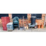 Various assorted garden wares, plastic chairs, rakes, terracotta plant pots, wheelbarrow, waste bin