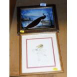 Two pictures, to include a Brownie Downing ballerina print and a butterfly wing painting of a peacoc