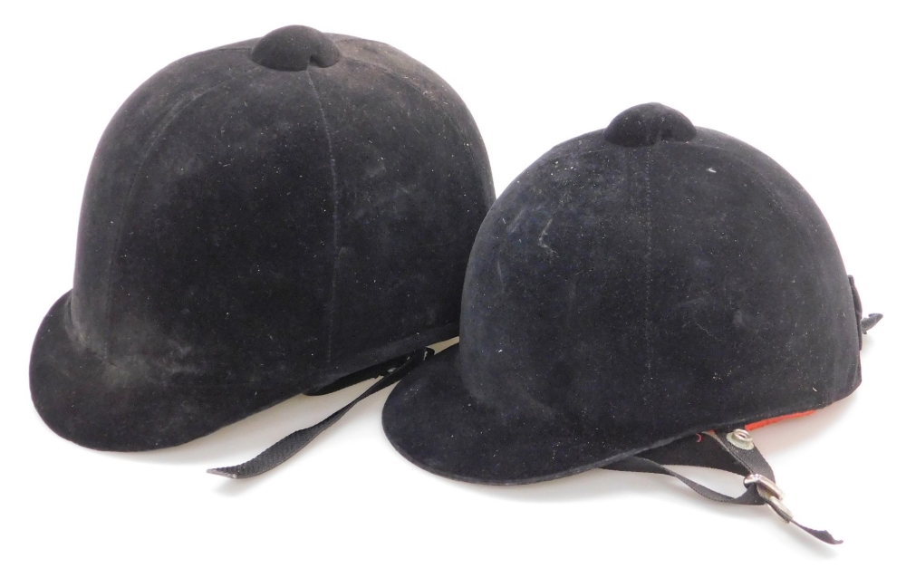 Two riding hats, to include a child's Owen club hat 7 3/8 over 60 and another stamped Made in Englan