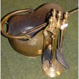 A brass coal bucket and various fire irons. (a quantity)