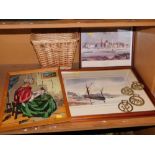 Pictures, prints and accessories, to include a needlework picture, a framed watercolour of a ship, p