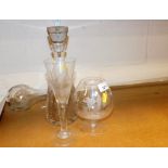 A group of glassware, with etched glass engraving, possibly Dartington & Stuart, to include yard o a