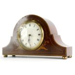 An Edwardian mahogany Napoleon hat mantel clock, the shaped case with a boxwood stringing and a 9cm