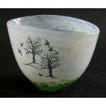 A Kosta Boda Art Glass vase, designed by Kjell Engman, decorated with birds and trees, 10cm high.