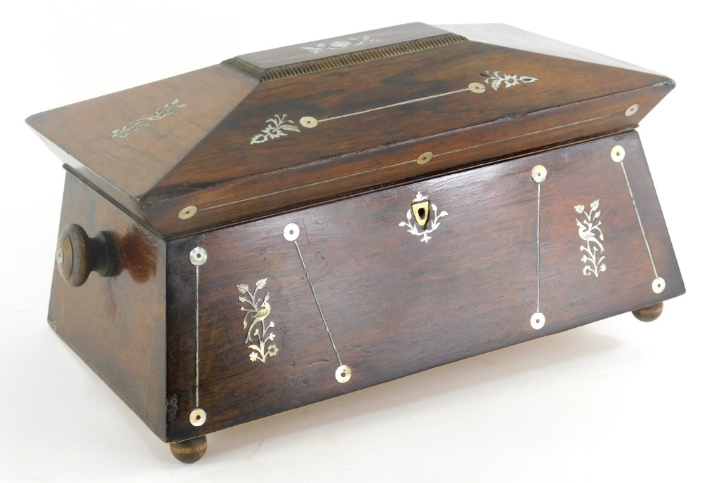 An early 19thC and later Regency rosewood sarcophagus shaped tea caddy, of rectangular form with tur