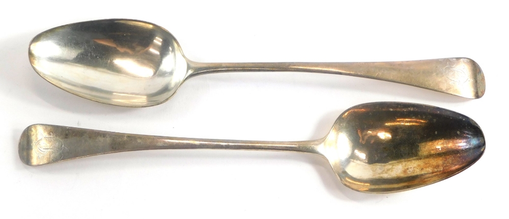 A pair of George III silver serving spoons, by George Wintle, with engraved initials, London 1800, 3