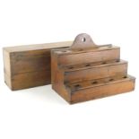 Various bygones treen, etc., a 20thC pine box of rectangular form with visible dovetails, a three ti