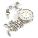 A Victorian silver ladies fob watch, serial number 359072, with an enamel Roman numeric dial, with b