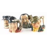Four Royal Doulton Character jugs, The Gardener, Beefeater, Merlin and Gone Away.