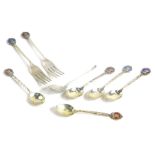 A collection of small silver, to include a set of five commemorative silver spoons, the handles cast