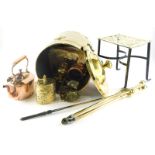 Various brass ware, an iron framed brass topped trivet, 28cm high, candlesticks, coal box and cover,