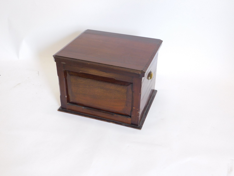 A Victorian walnut box commode, the hinged lid enclosing hinged arm rests, a recess, etc., above a p - Image 2 of 2