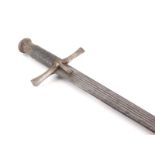 A knightly type sword, with engraved blade and leather bound handle, 97cm long. (AF)