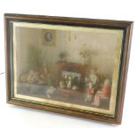 A cased electrical diorama, a family in a living room, with table and fire place, in glazed case wit