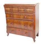 A 19thC continental figured mahogany chest of drawers, with two short and three long drawers, each w