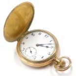 A Star Dennison gold plated hunter pocket watch, with white enamel dial, blue hands, cased.