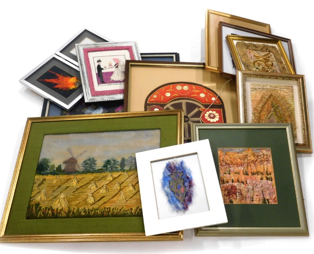 A quantity of framed embroidered panels, various styles, images to include harvesting scenes, orient