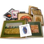 A quantity of framed embroidered panels, various styles, images to include harvesting scenes, orient