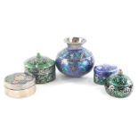 Various miniature enamel on silver jars, boxes, etc., an oval pill box with removable lid heavily de