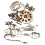 A collection of jewellery, etc., to include watch chain, polished white coloured metal costume brooc