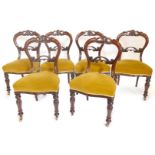 A set of six early Victorian mahogany balloon back chairs, each with a shaped carved and pierced bac