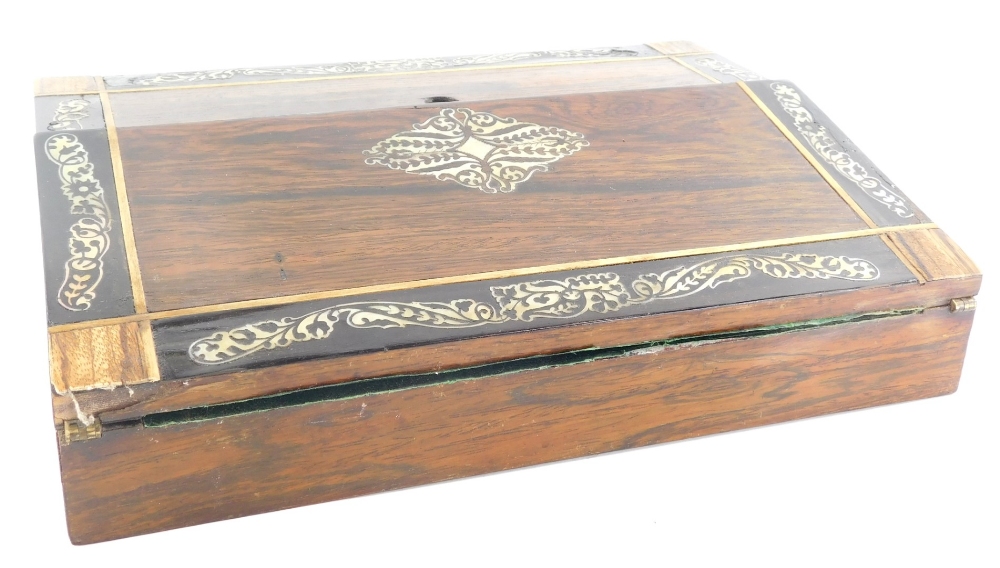 A late 19thC and later rosewood and inlaid laptop writing slope, the hinged lid revealing a tool lea