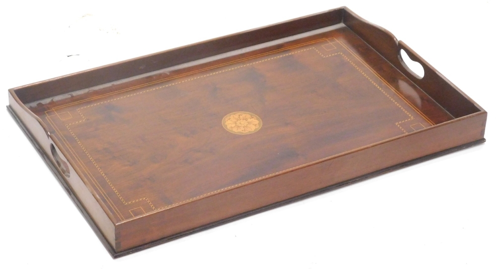 An Edwardian mahogany inlaid two handled galleried tray, 59cm wide.