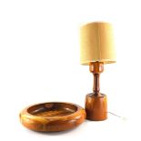 A turned hardwood wooden bowl, 41cm diameter, and a matching table lamp. WARNING! This lot contains