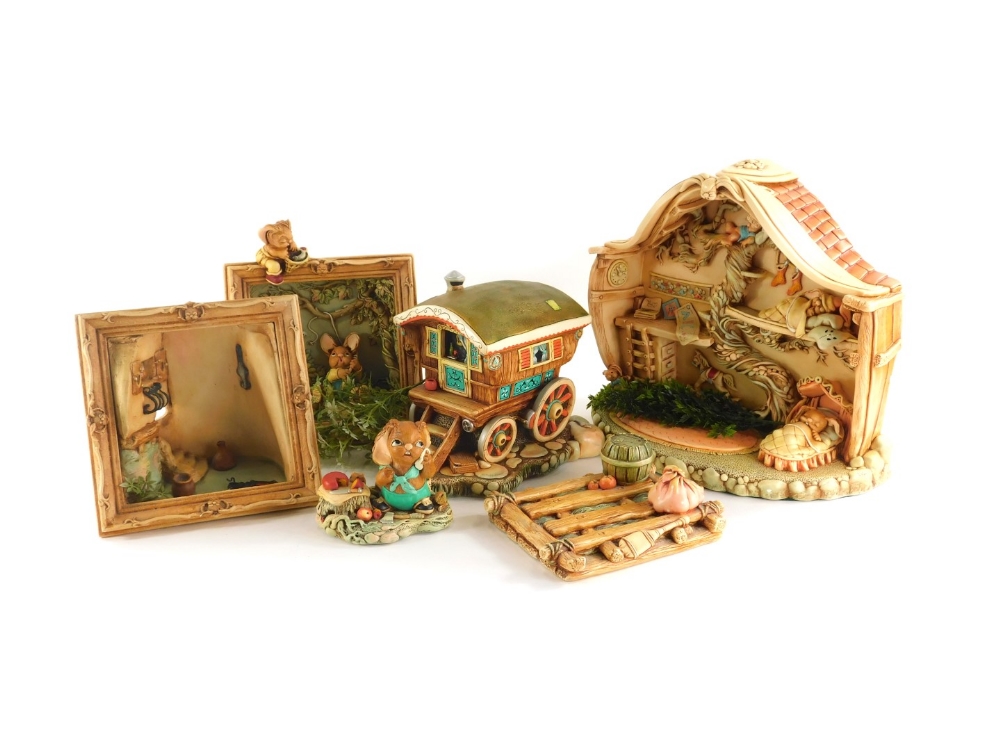 Twelve Pendelfin items, to include the picture frame of Pendelfin rabbits fishing, 26cm high, castle