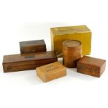 Various treen bygones collectables, etc., a late 19thC mahogany box of shaped rectangular form, with