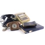 Various telephone parts components, modern fawn coloured phone numbered 21034, 15cm wide, a vintage