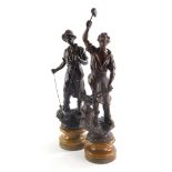 A pair of early 20thC bronzed spelter figures, titled Le Forgeron and Le Mineur on wooden bases, the