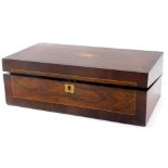 A Victorian mahogany and rosewood writing box, the hinged lid with vacant brass cartouche enclosing