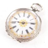 A silver fob watch, with white enamel dial with Roman numerals, with gilt detailing set with stones,