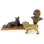 A painted plaster figure of Beethoven, a brass bulldog and a spelter Alsatian. (3)