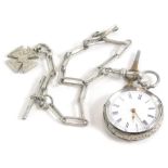 A Victorian silver pocket watch, with an enamel Roman numeric dial, with silver watch chain and cros