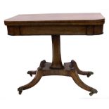 A George IV rosewood card table, the rectangular top with rounded top enclosing a baize lined interi